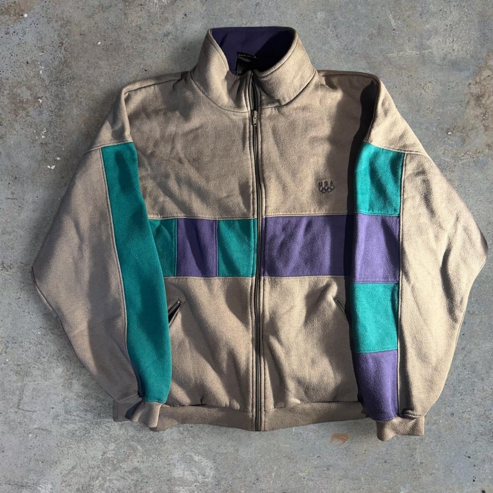 Vintage 90s Team USA Olympic Color Block Full Zip Fleece Jacket Gray Teal Purple